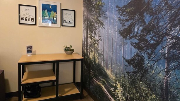 A room with a desk, a large forest-themed wall mural, and three framed motivational posters. - Downtown Pittsburgh Apt | 60” TV + Walk to PPG & C (Pittsburgh)