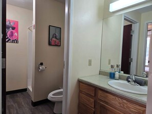 Shower, hair dryer, towels, shampoo