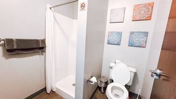 Shower, hair dryer, towels, shampoo
