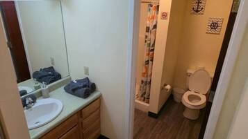 Shower, hair dryer, towels, shampoo
