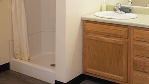 A bathroom with a shower, a sink, a mirror, and wooden cabinets. - Cozy Downtown Pittsburgh Apartment | Smart TV + Wa (Pittsburgh)