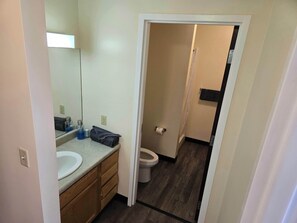 Shower, hair dryer, shampoo