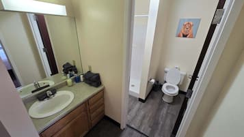 Shower, hair dryer, towels, shampoo