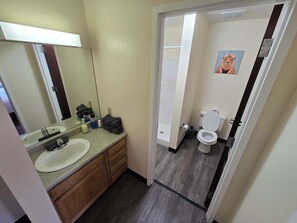 Shower, hair dryer, towels, shampoo