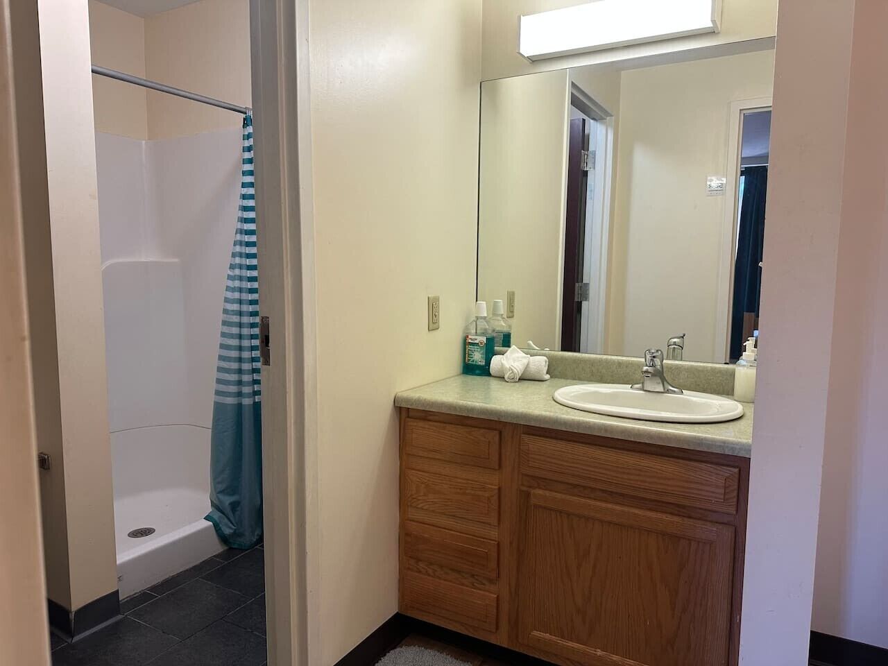 Une salle de bain avec douche, un lavabo avec miroir et des articles de toilette.