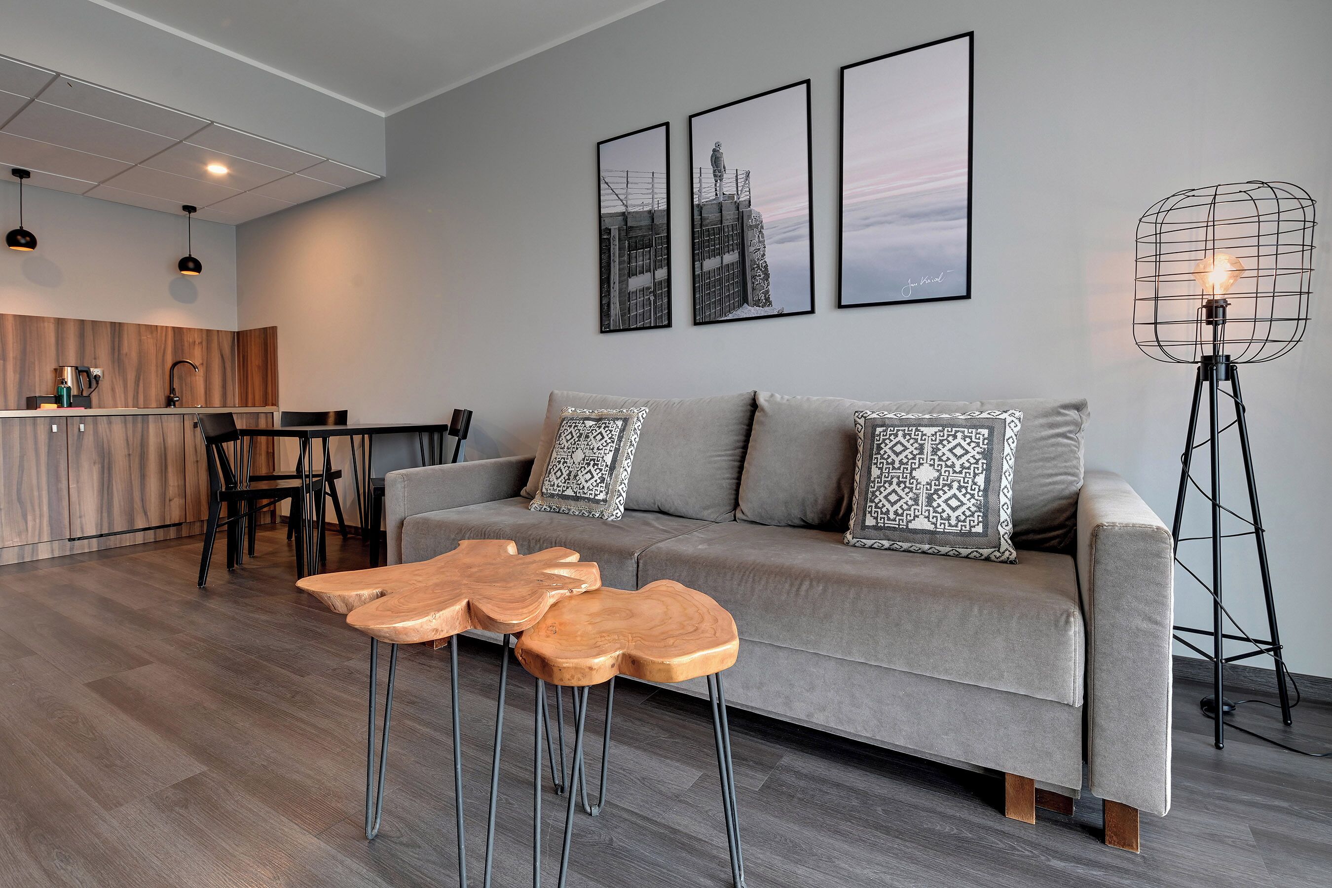 Un salon moderne avec un canapé, deux petites tables d’appoint en bois, une lampe sur pied et, au fond, un coin cuisine.