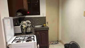 A compact kitchen with a gas stove, a sink, and a small countertop. - Cranberry's 2Br Unit nr Convention Center #1 (Iloilo City)
