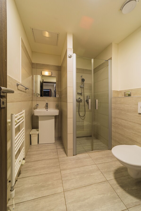 Hair dryer, towels, soap, toilet paper