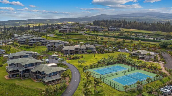 A residential area with multiple houses, a tennis court, and a road.