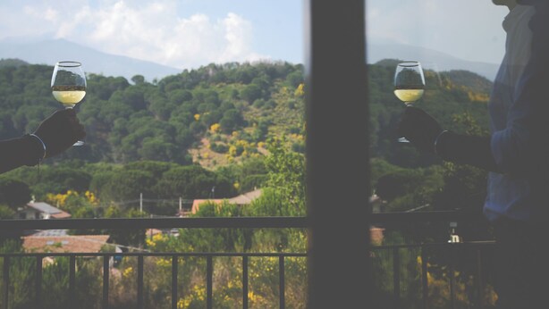 Two people holding wine glasses, overlooking a mountainous landscape with greenery and a few buildings in the distance.
