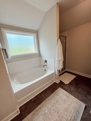 Hair dryer, towels, soap, toilet paper