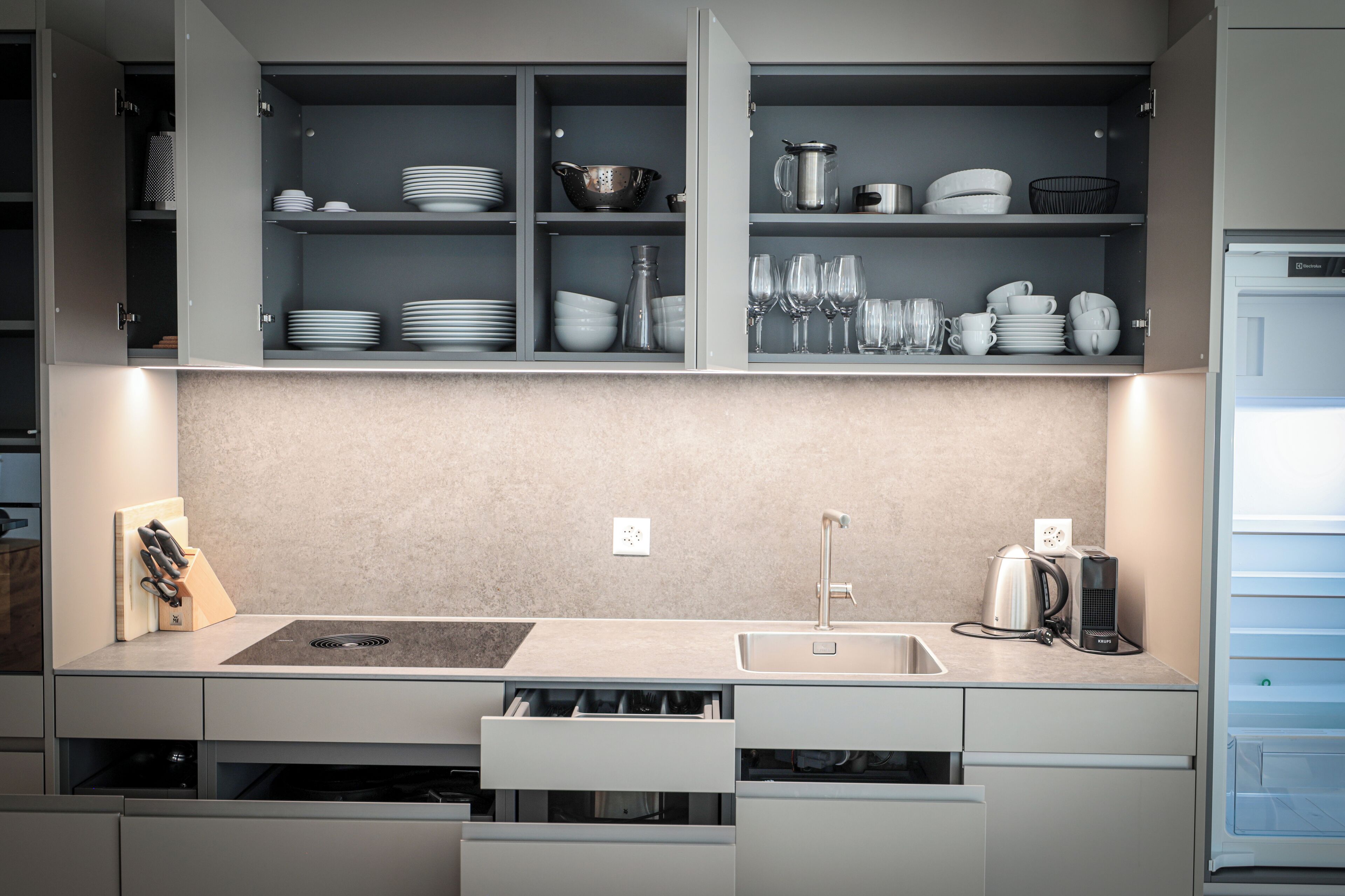 Fridge, espresso maker, electric kettle, toaster