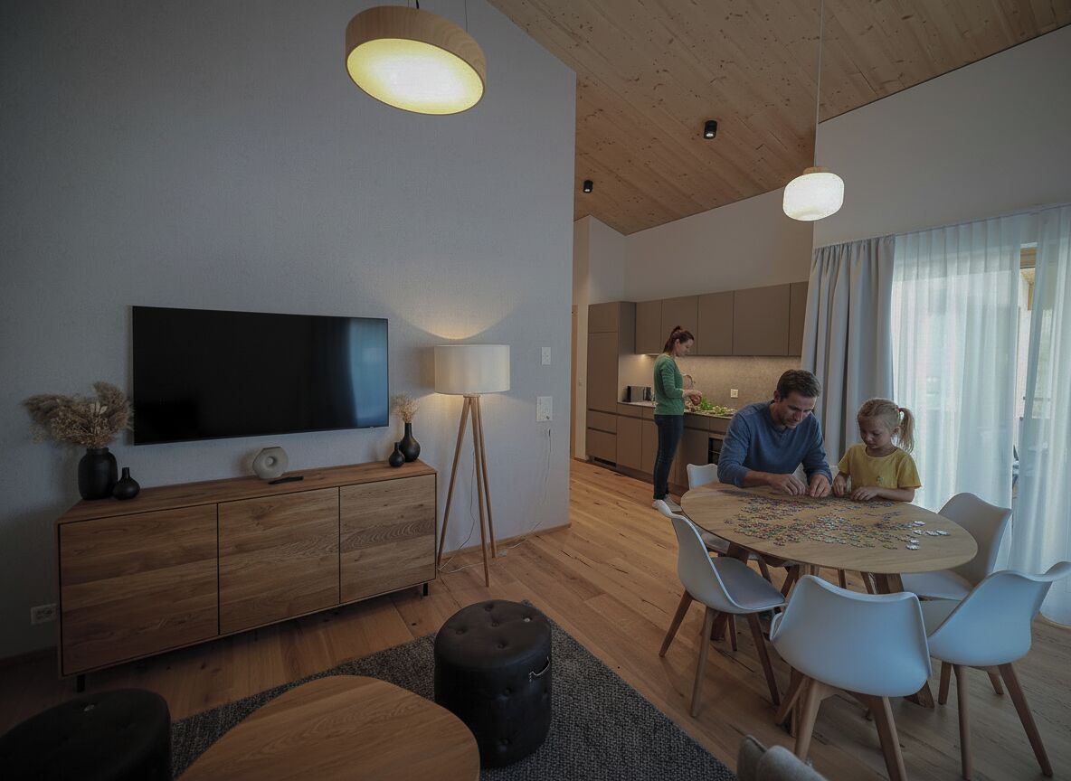 Ein modernes Wohnzimmer mit Flachbildfernseher, Holzmöbeln und einem Essbereich mit Tisch und Stühlen.