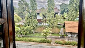 Uitzicht door een raam op een woongebied met huizen, bomen en een straat.