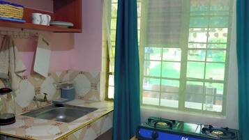 Fridge, microwave, electric kettle, toaster