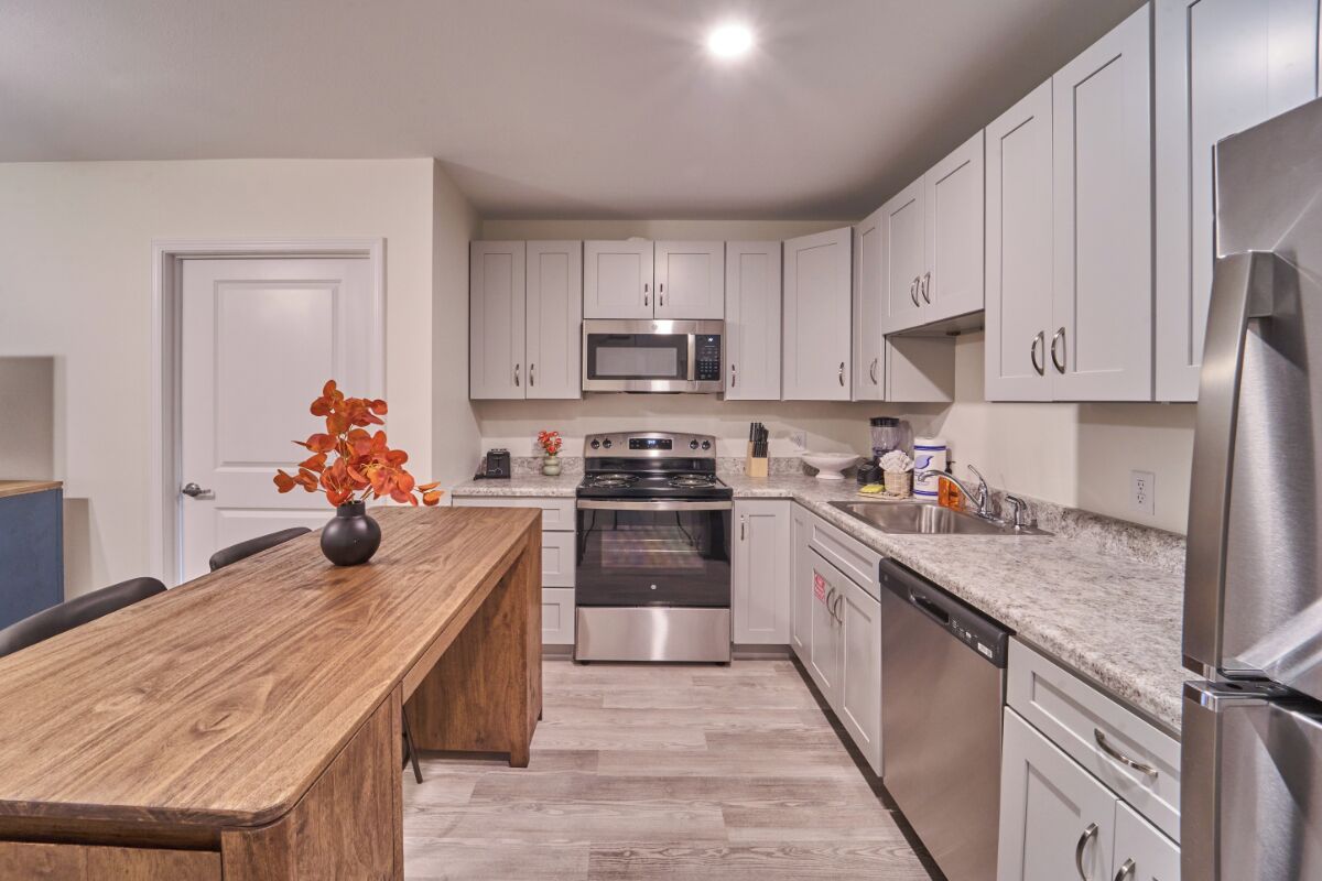 Een koelkast, een magnetron, een oven, een kookplaat