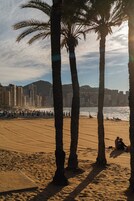 Egy pálmafákkal szegélyezett strand, homokos part, és a háttérben egy városi panoráma.