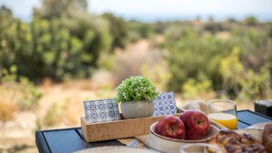 A table with a potted plant, a card, apples, a glass of juice, and a bowl of nuts.