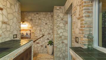 A stone-walled hallway with a tiled floor, a wooden door, and a potted plant.