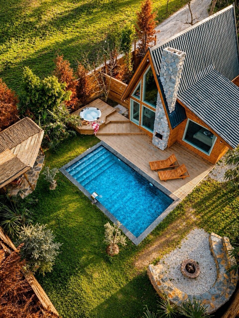 A modern house with a swimming pool, wooden deck, and stone fireplace.