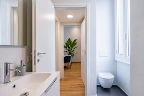 Shower, hair dryer, bidet, towels