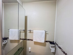 Secadora de cabello, toallas, jabón, papel de baño 