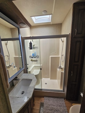 Shower, towels, soap, toilet paper