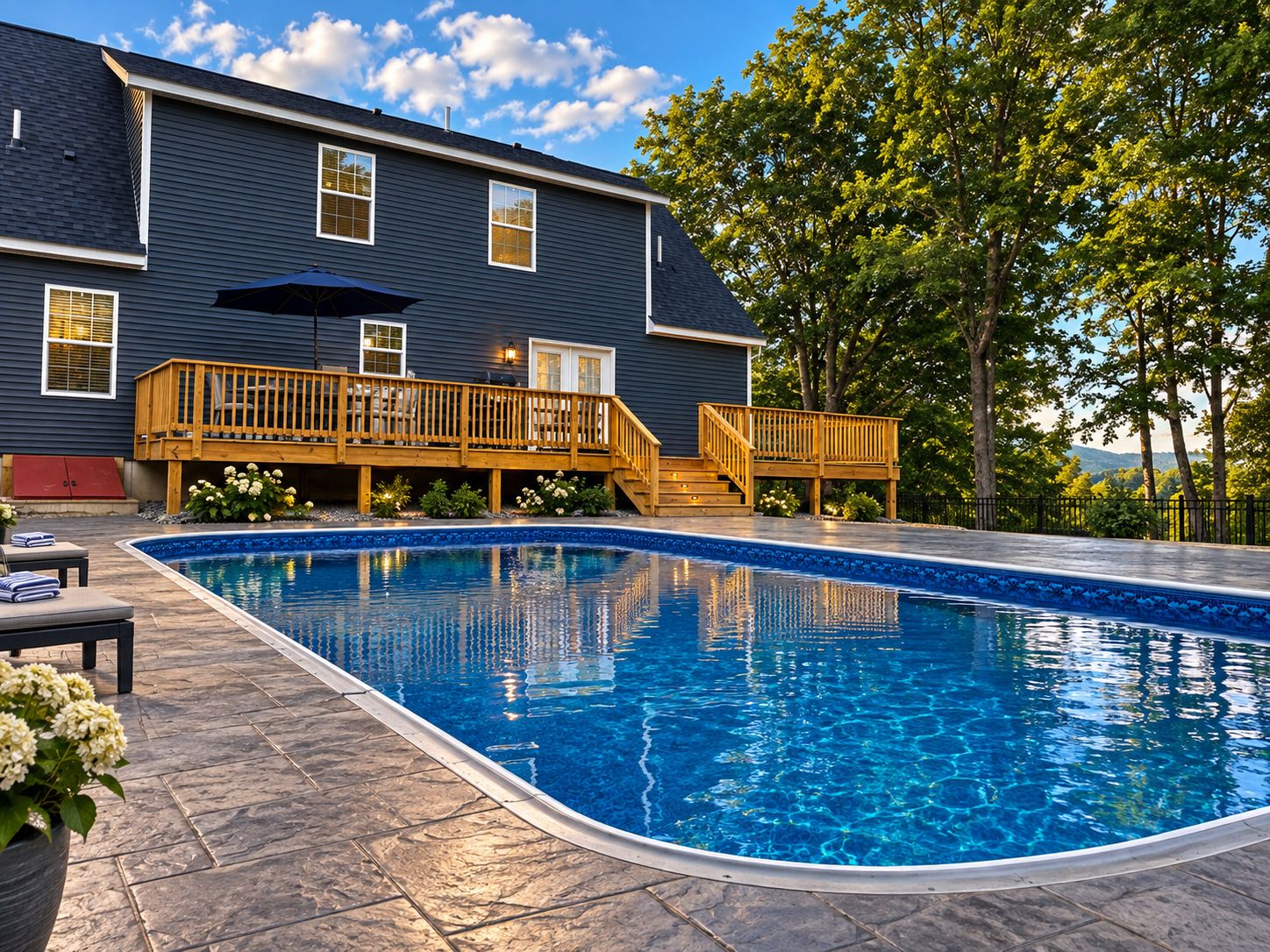A residential swimming pool with a wooden deck, a covered patio, and a house with a dark exterior.
