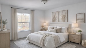 Een slaapkamer met een groot bed, twee nachtkastjes, een kaptafel en een raam met gordijnen.