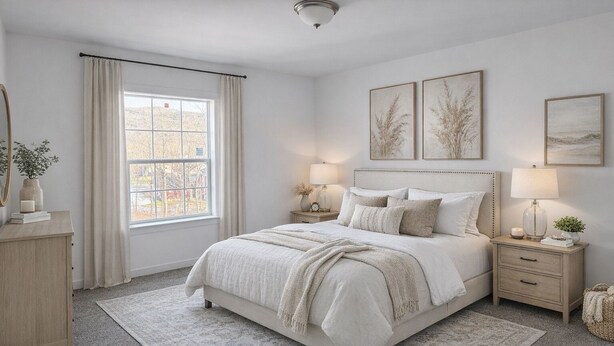 A bedroom with a large bed, two bedside tables, a dresser, and a window with curtains. - Cooperstown Park Place,  ½ Mile to Dreams Park, Heated Pool + 7BR (Milford)