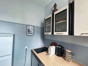 Fridge, stovetop, dishwasher, coffee/tea maker
