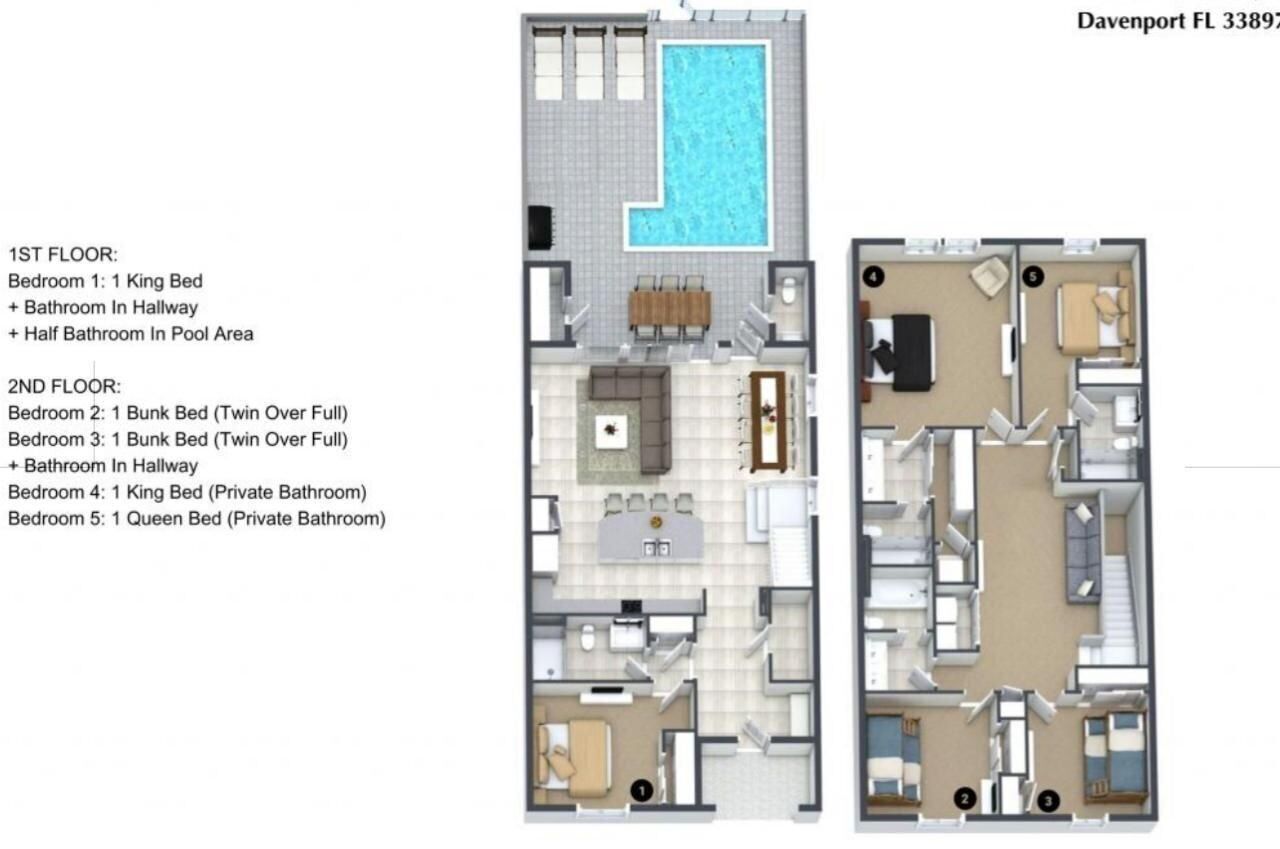 Planta do 2º andar com 1 cama king size, 1 cama beliche, 1 cama queen size e 1 banheiro privativo.