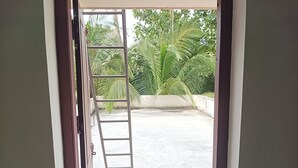 A doorway leading to an outdoor area with a metal ladder and palm trees.