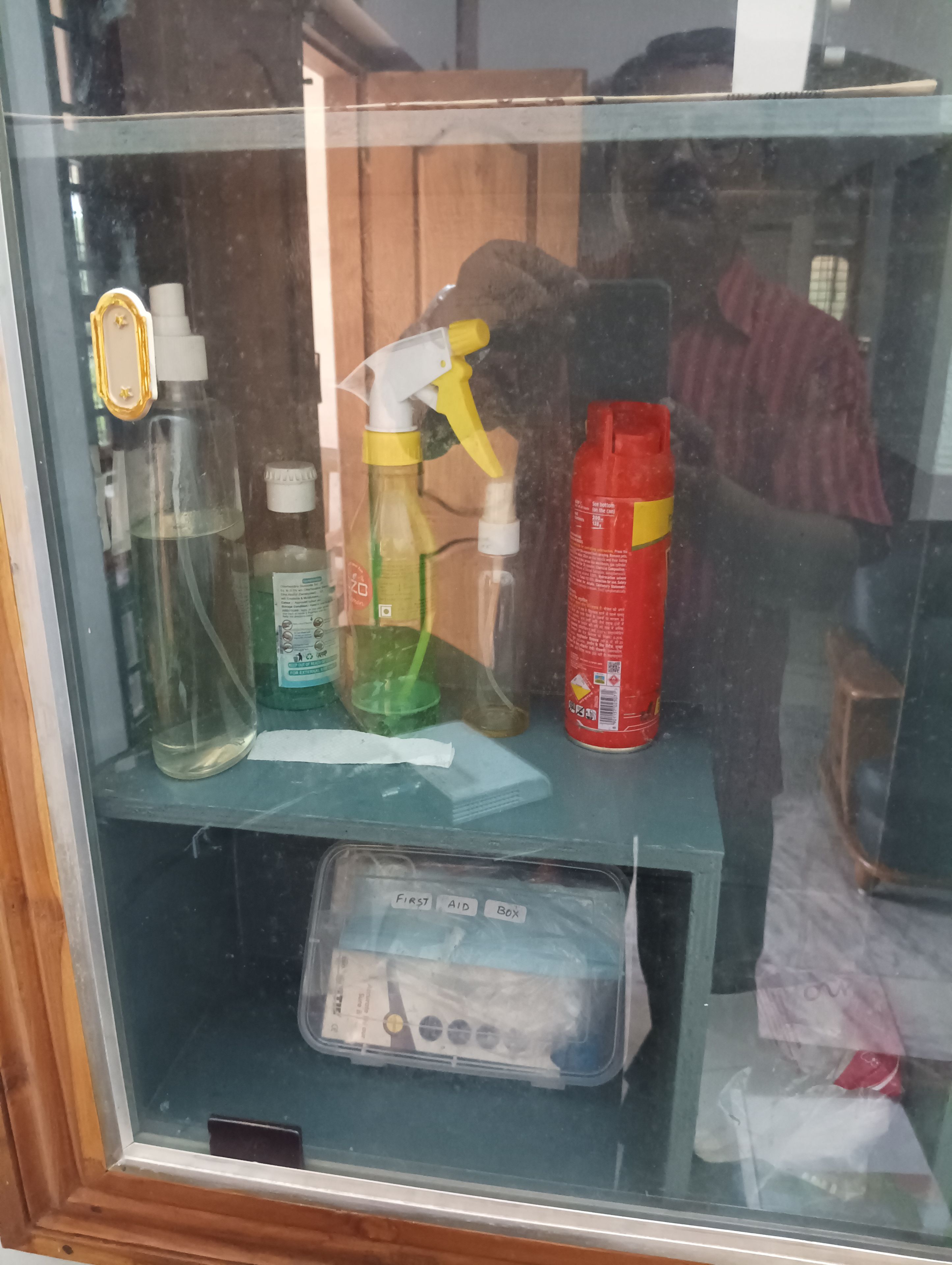 A glass-fronted storage area with various cleaning supplies, including bottles and a spray bottle.
