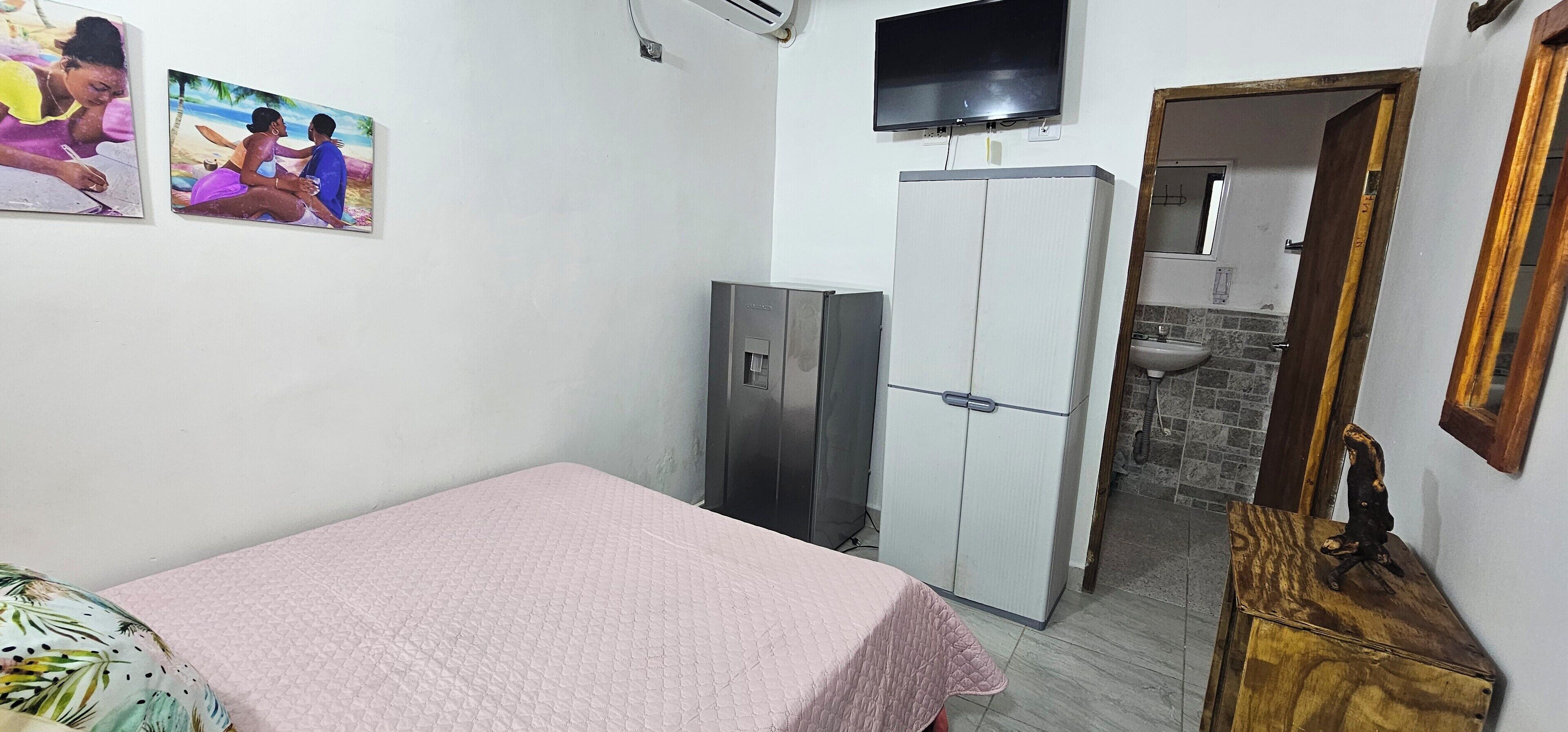 A bedroom with a bed, wardrobe, TV, and a small bathroom.