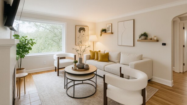 Un salon avec un canapé blanc, deux fauteuils, une table basse et un téléviseur fixé au mur.