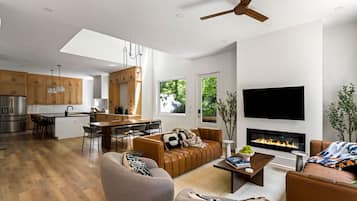 TV, fireplace, video games, table football