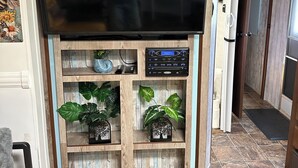 Un salon avec un téléviseur à écran plat fixé à un meuble de rangement en bois, une horloge numérique et plusieurs plantes en pot.