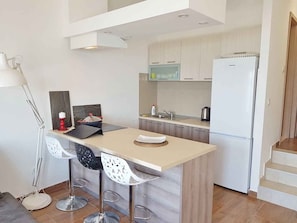 Fridge, stovetop, dishwasher, cookware/dishes/utensils