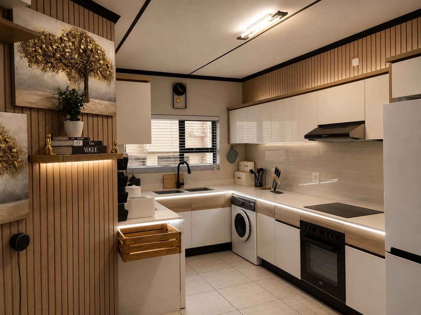 A modern kitchen with built-in appliances, a wooden accent wall, and a window with blinds.