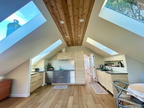 Fridge, stovetop, dishwasher, coffee/tea maker