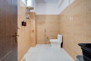 Shower, free toiletries, towels, soap