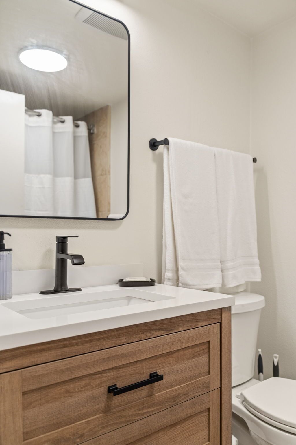 Hair dryer, towels, soap, toilet paper