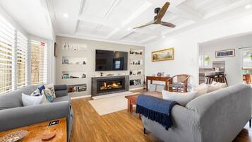 Smart TV, chimenea, libros y estéreo