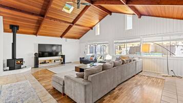 Smart TV, chimenea, reproductor de DVD y libros