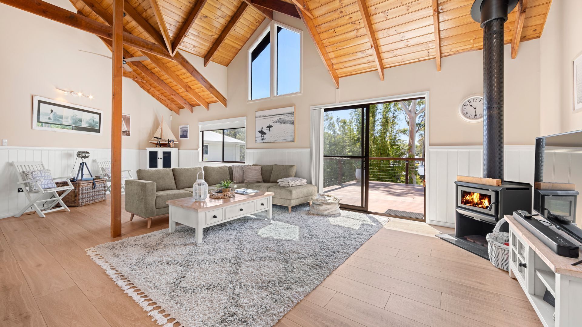 Smart TV, fireplace, DVD player, books