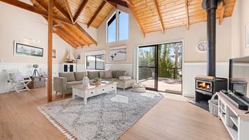 Smart TV, fireplace, DVD player, books