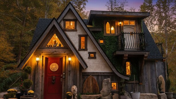 A cabin with a red door, multiple windows, and a balcony. - The Wizard's Retreat near Top Attractions! (Sevierville)
