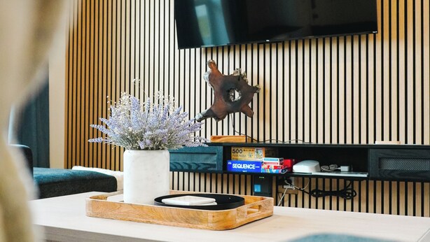 Un salon moderne avec un téléviseur à écran plat fixé à un mur en bois, une table basse agrémentée d’un vase décoratif et une bibliothèque contenant des livres et un petit haut-parleur.