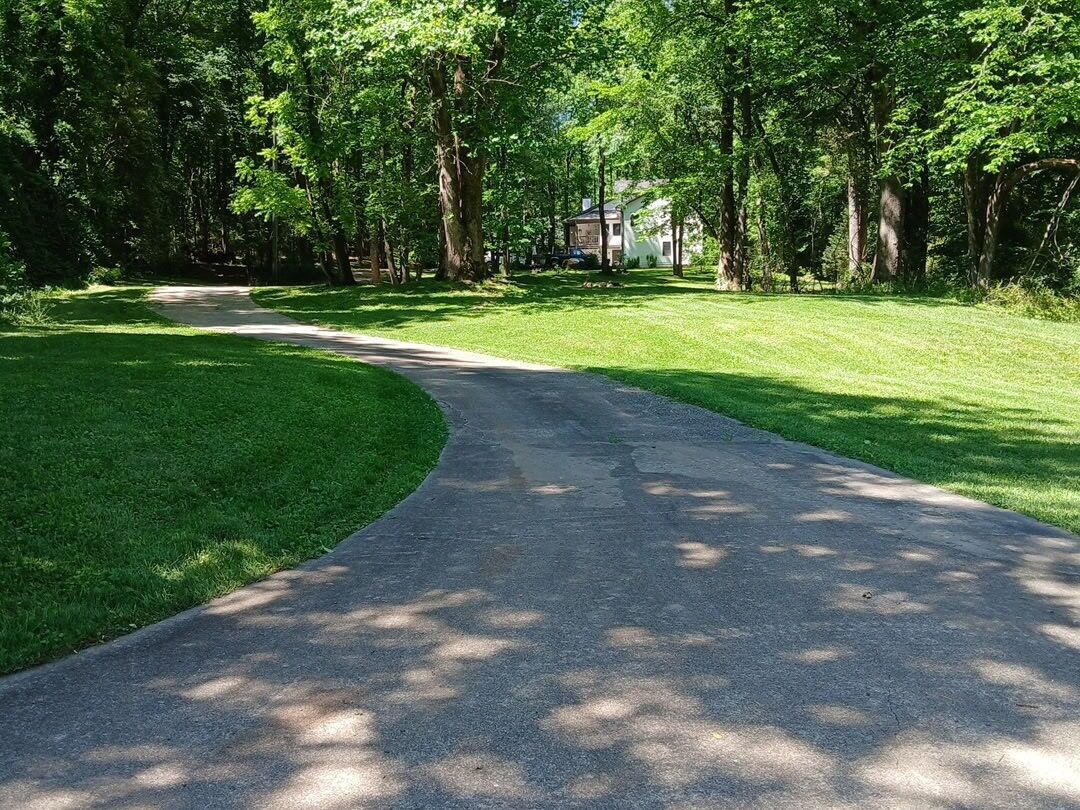 A paved driveway leading to a house surrounded by lush green trees.